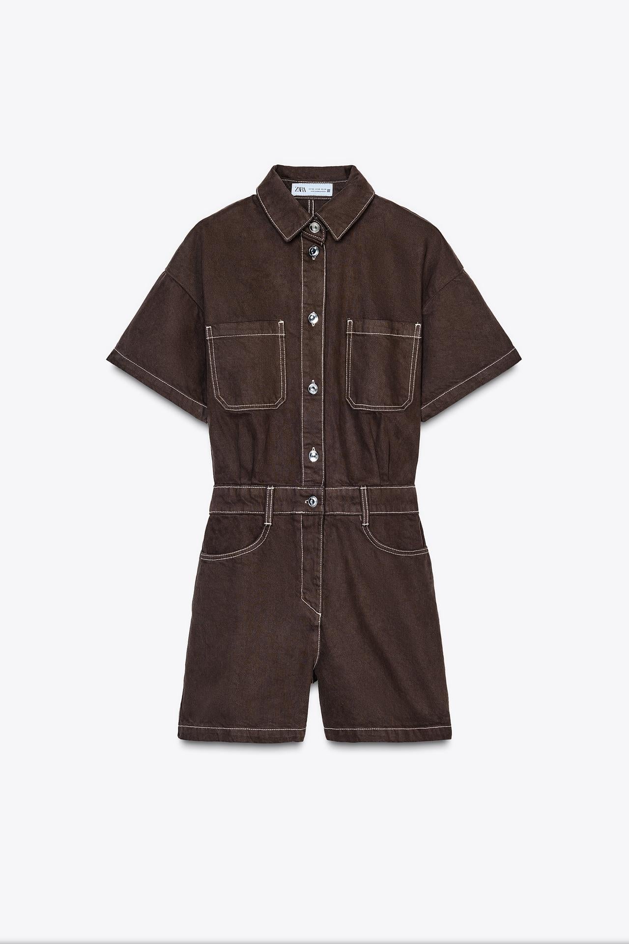 bruine denim playsuit met witte contraststiksels