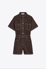 bruine denim playsuit met witte contraststiksels