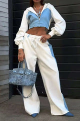 cropped hoodie met denimlook panelen in blauw en wit