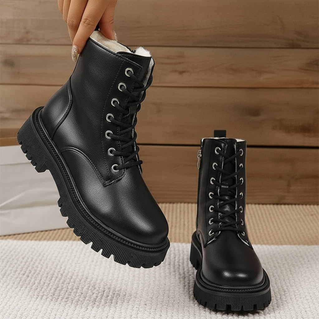 zwarte enkelboots met rits en veters, stevige profielzool