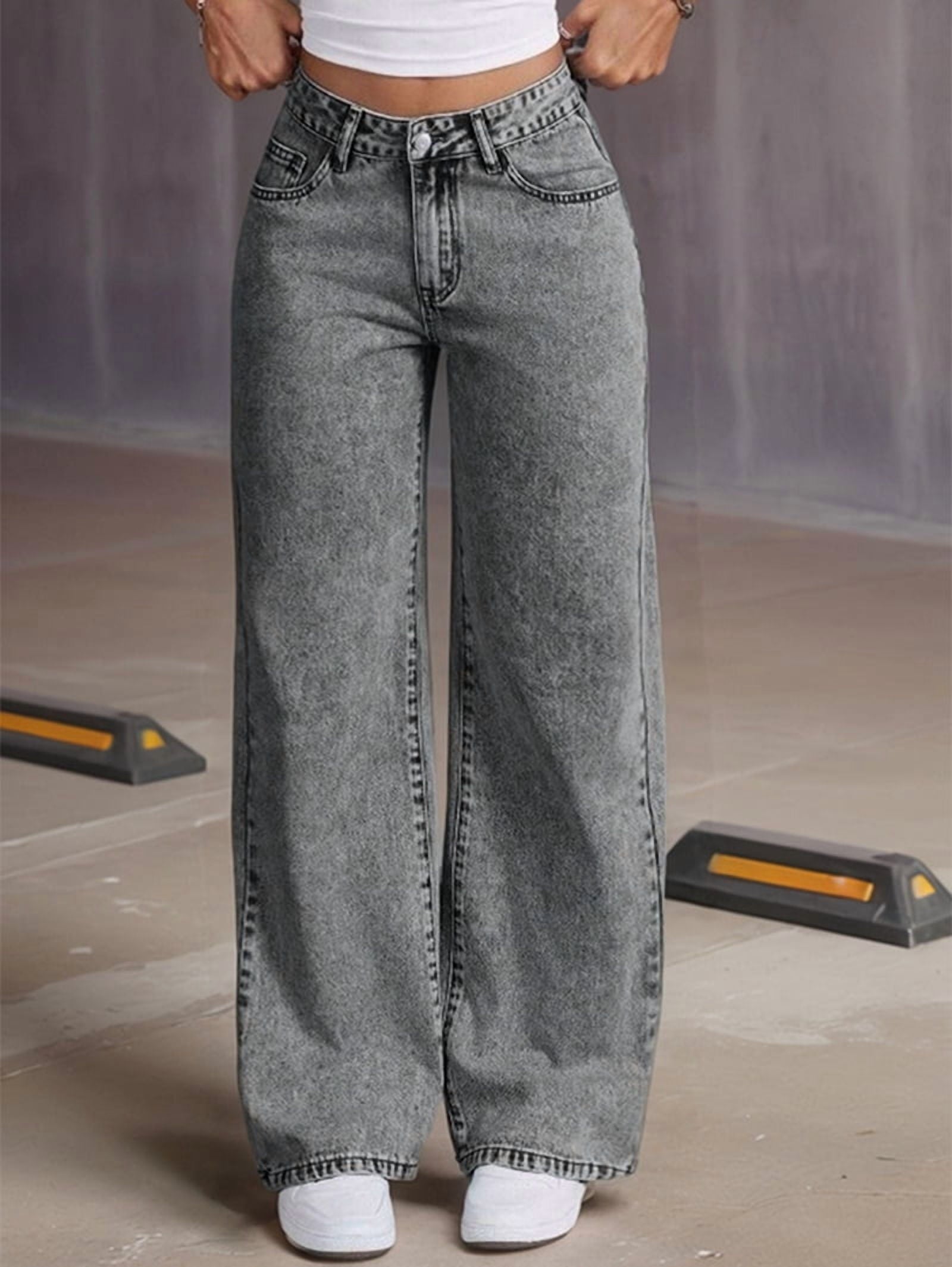 voorkant grijze high waist wide leg jeans met wijde pijpen