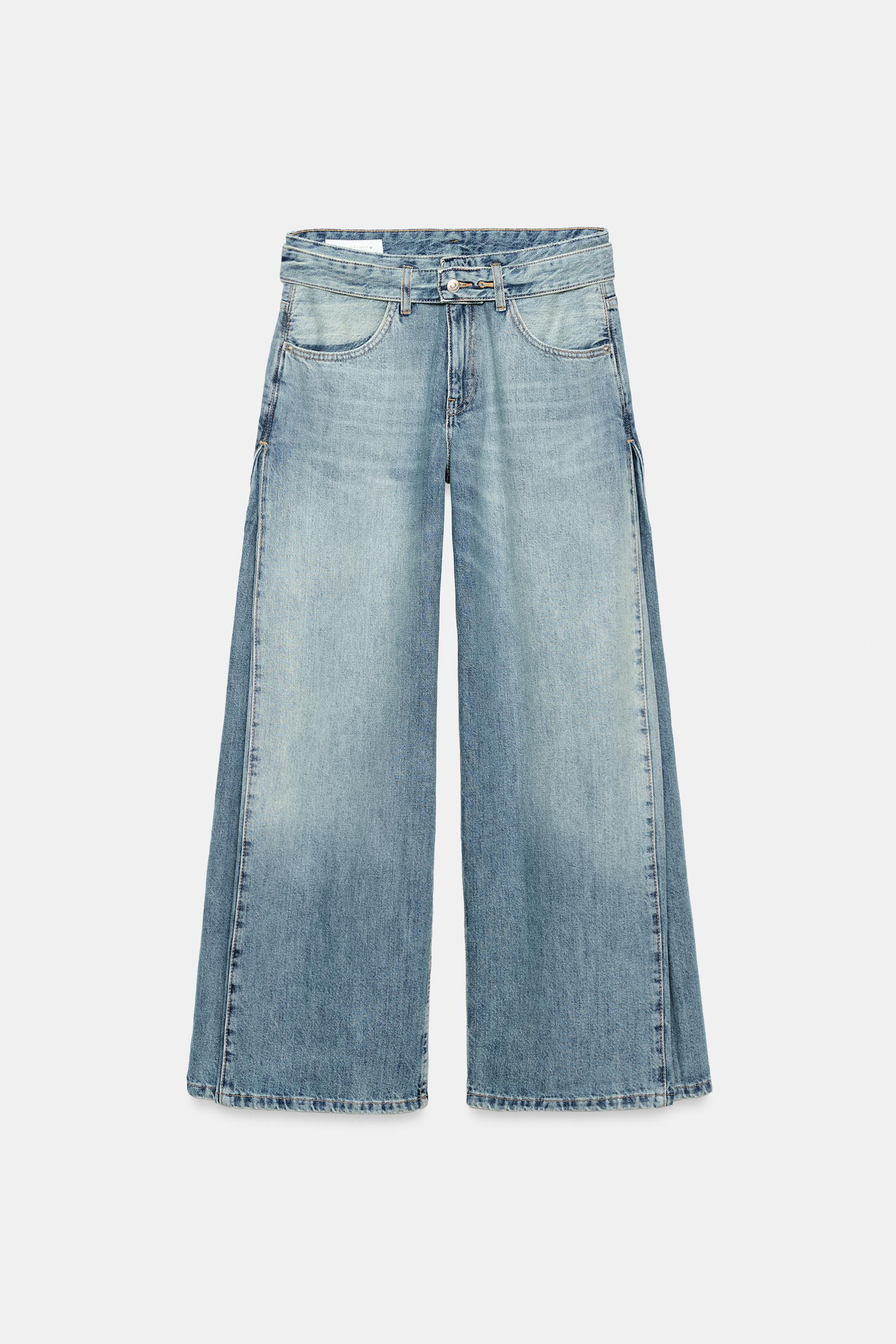 Lichtblauwe Harper wide leg jeans met dubbele tailleband voorkant