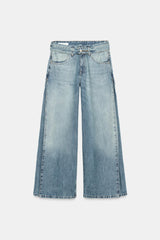 Lichtblauwe Harper wide leg jeans met dubbele tailleband voorkant