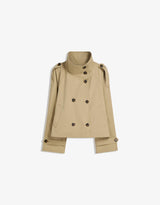 beige korte trench jas plat gefotografeerd met hoge kraag
