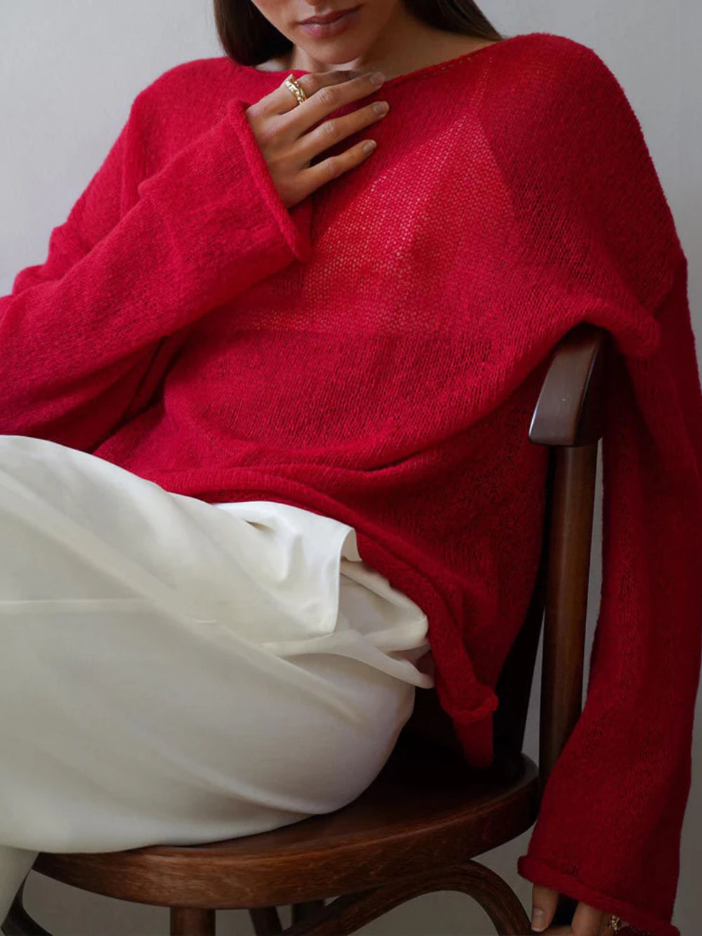 Rode luchtige trui met wijde mouwen – elegante dames knit