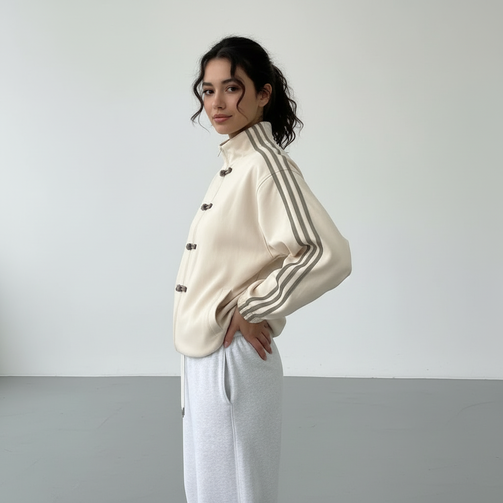 Yúmei Trainingsjacke | Retro-Sportjacke mit Knopfdetails, Schlaufen und Reißverschluss