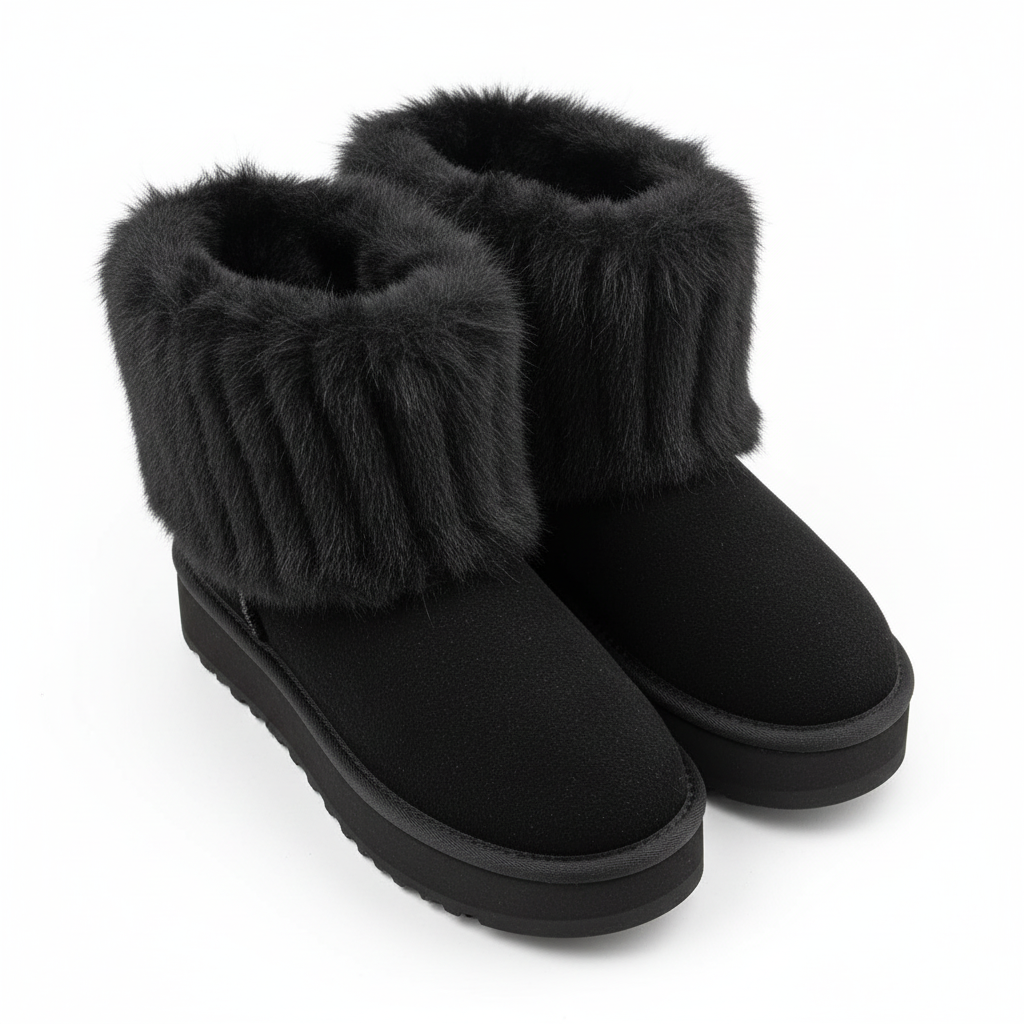 Zwarte winterboots met ribbont en platformzool – warme gevoerde dames snowboots