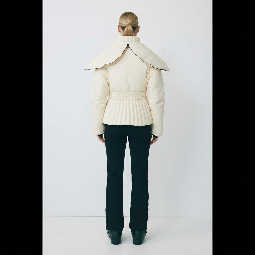 achterkant van crème auraya ski jacket met open geritste capuchon