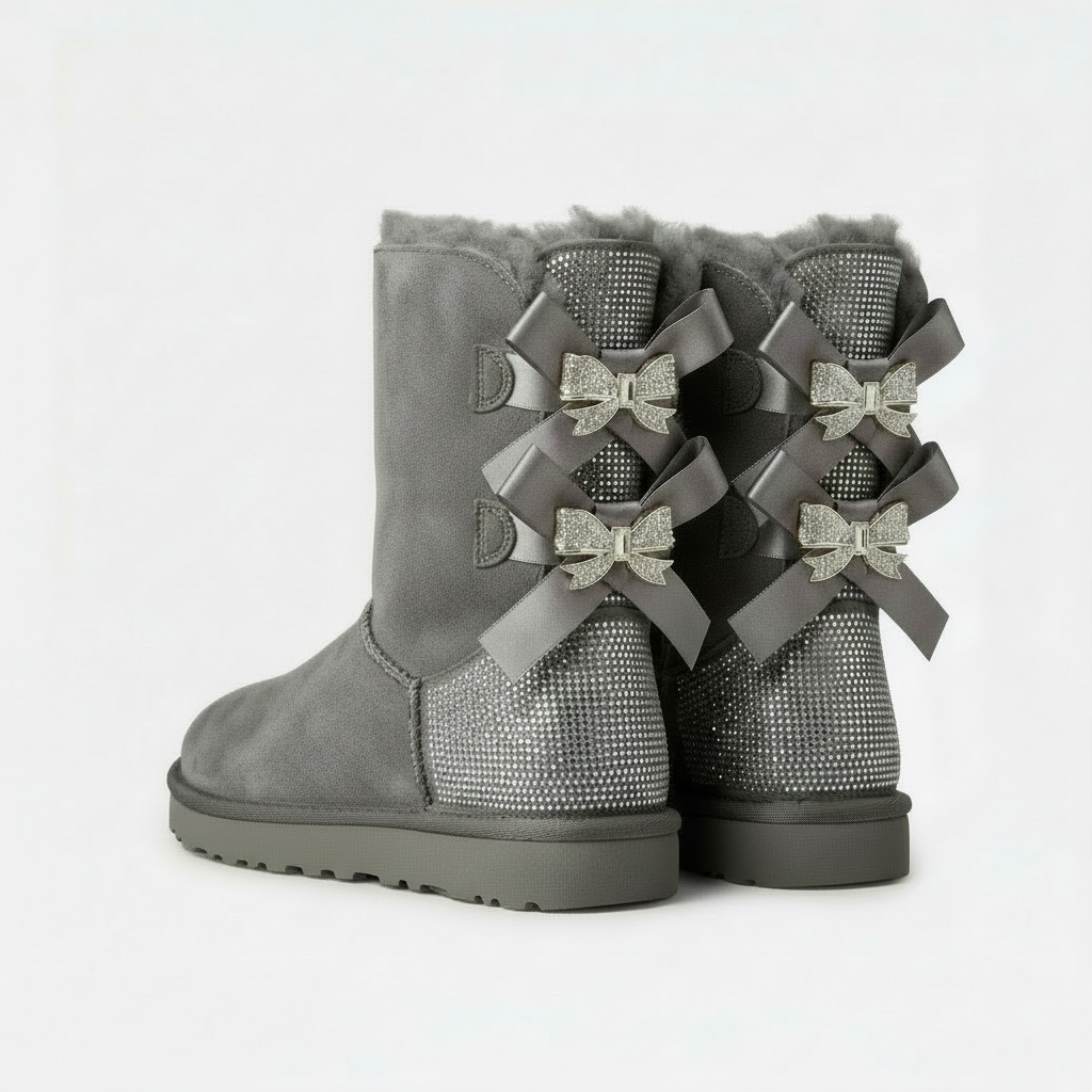 grijze winterboots met strikken en rhinestone achterkant tiktok