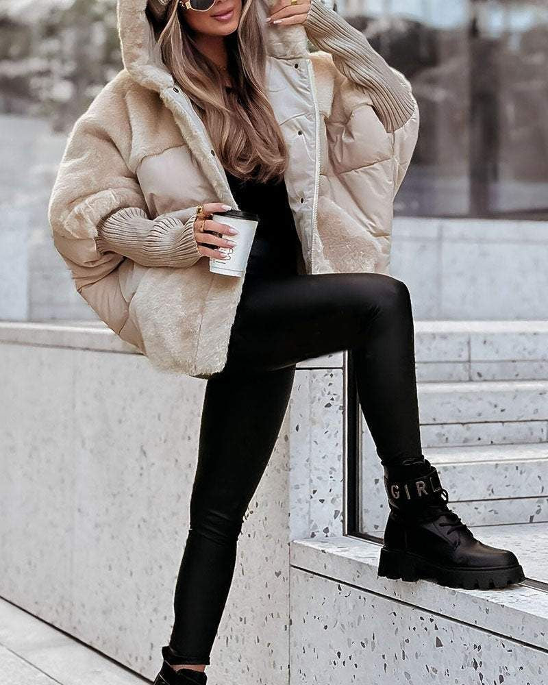 beige winterjas met faux fur en capuchon