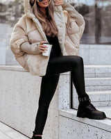 beige winterjas met faux fur en capuchon