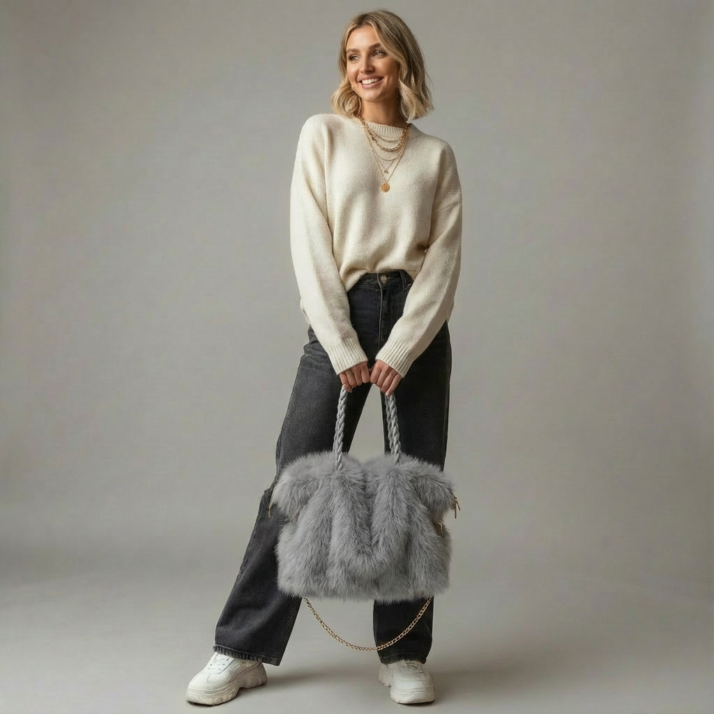 Fiora Fluff Bag | Luxe Teddy Handtas met Gevlochten Handvat & Ketting