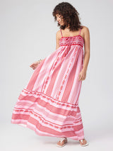 Roze en Rode Boho Maxi Jurk met Spaghettibandjes en Borduurdetails