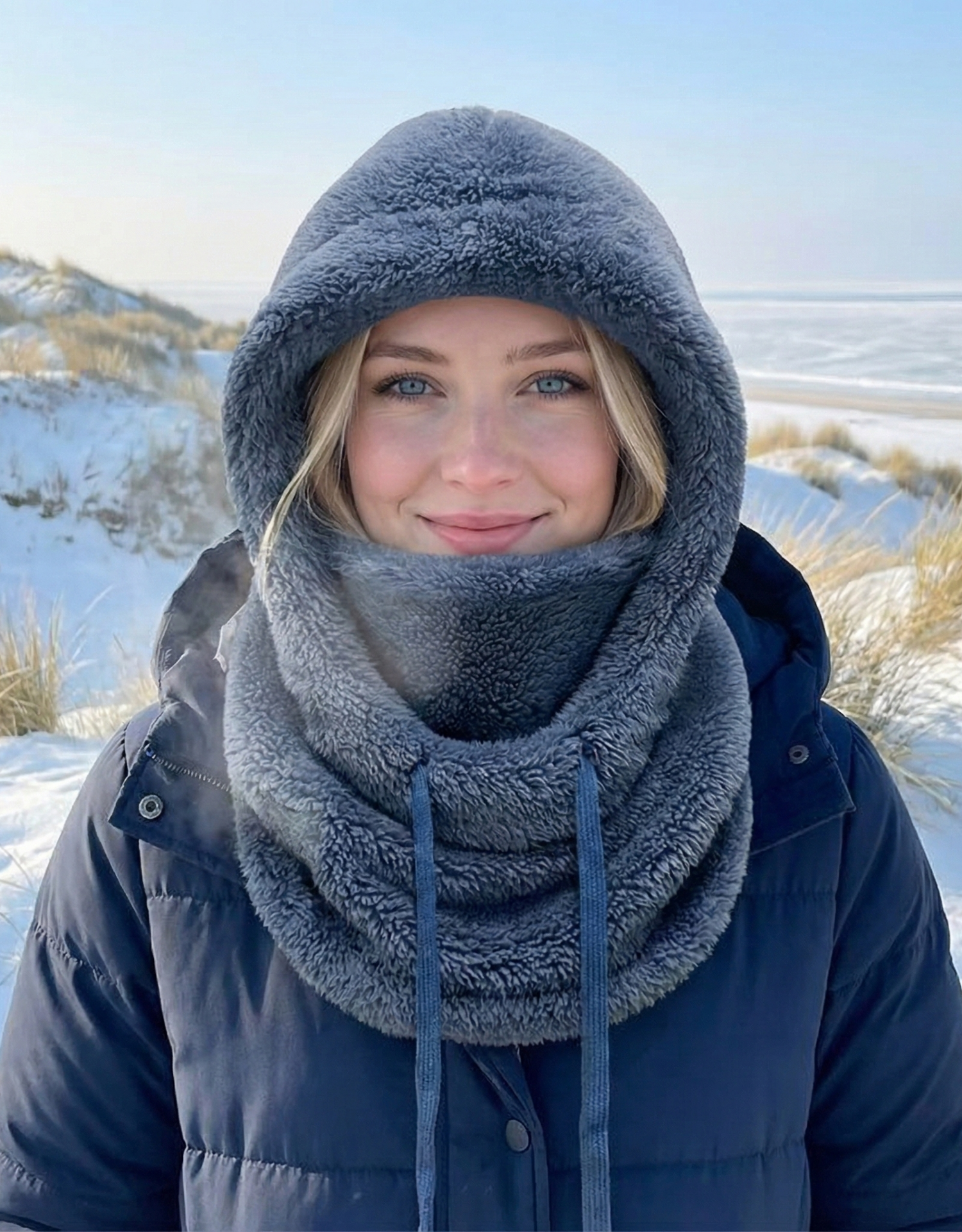 blauwe teddy hood sjaal met capuchon zijaanzicht bij duinen en sneeuw