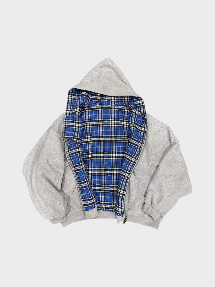 grijze oversized hoodie met blauw plaid detail en ritssluiting dames