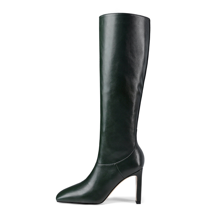 VogueStiletto Boots – stijlvolle hoge laarzen met een 8 cm hak in groen, zwart, bruin en wijnrood.