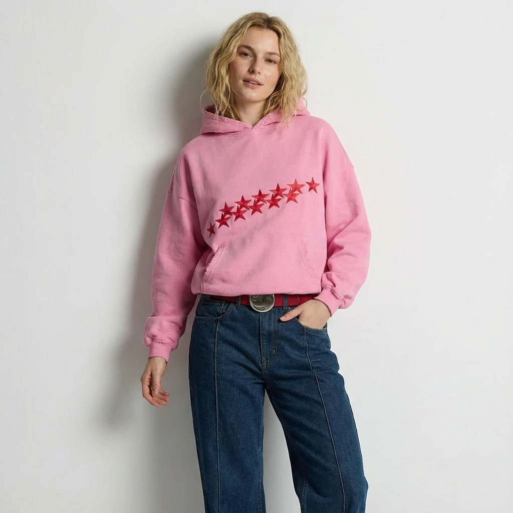 roze oversized hoodie met rode sterrenprint voor dames