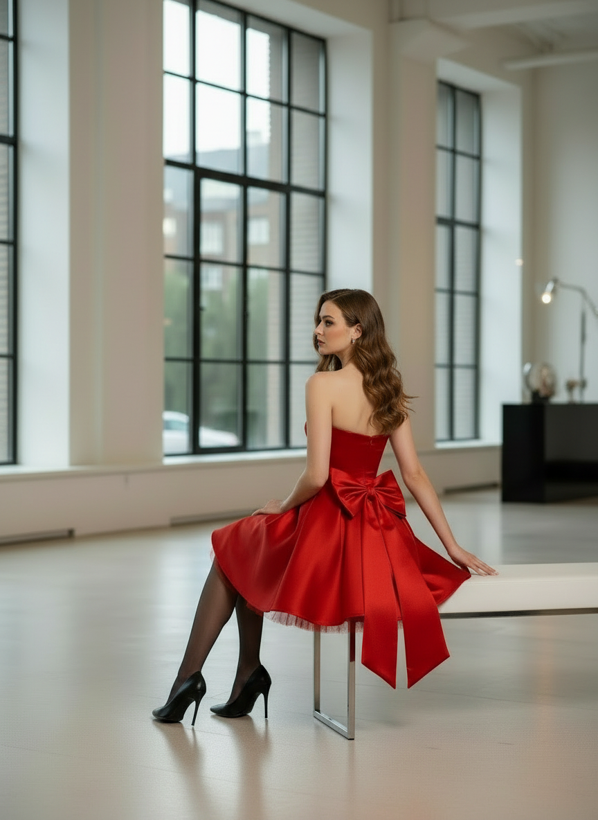 Rivella Bow Mini Dress rood achterkant met lange strik linten