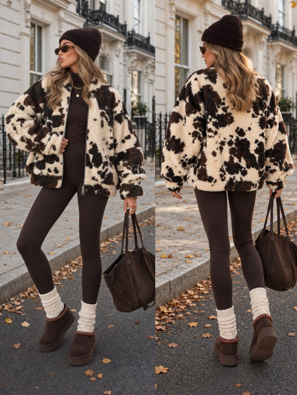 Mavie | Giacca teddy oversize con stampa mucca