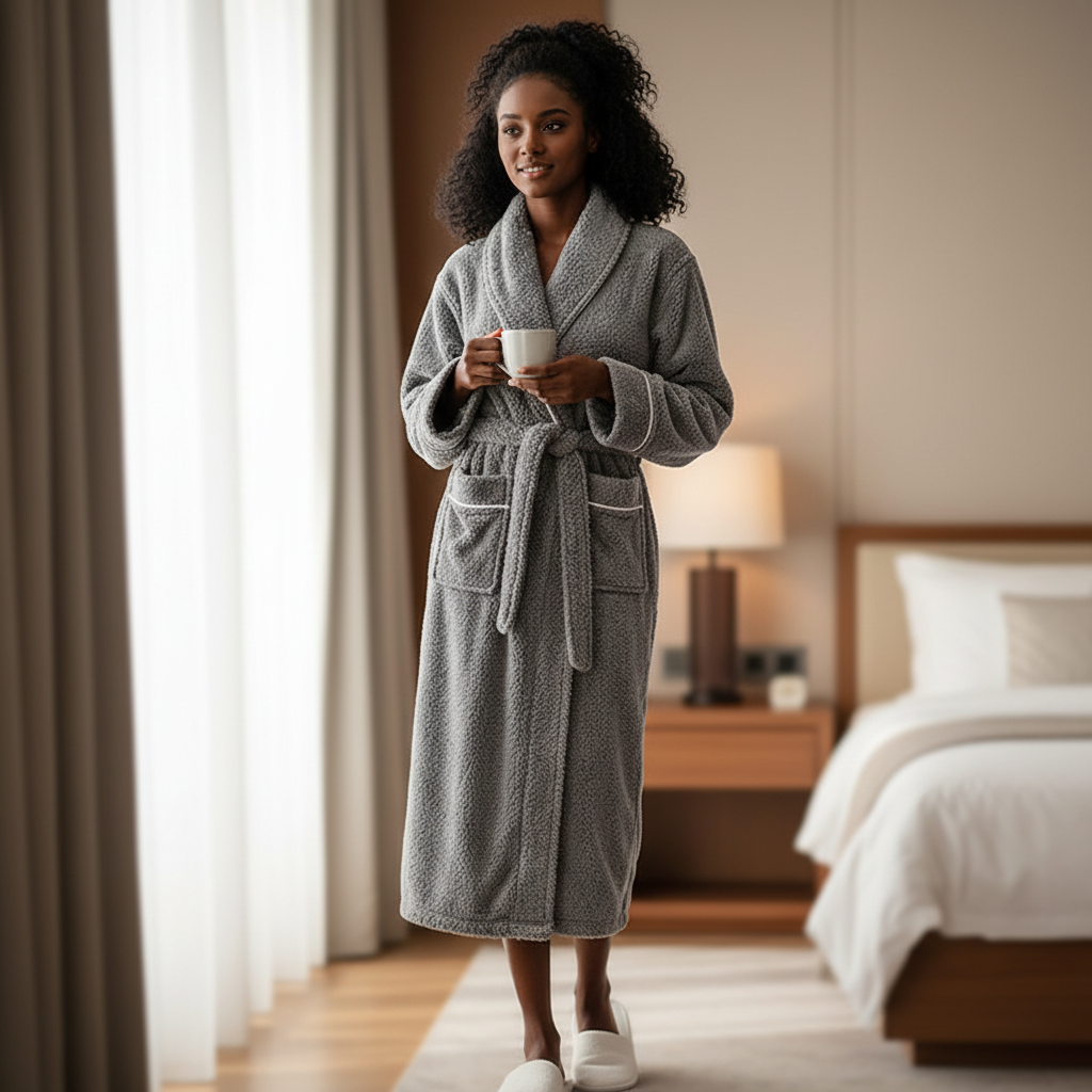 Veloura luxe badjas grijs – warme badjas met ceintuur en zakken