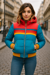 Arvanna | Retro Puffer Jacket met Regenboogstrepen & Warme Voering