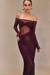 Robe Seraphyne en maille cristalline | Robe maxi épaules dénudées avec éclat luxueux de strass