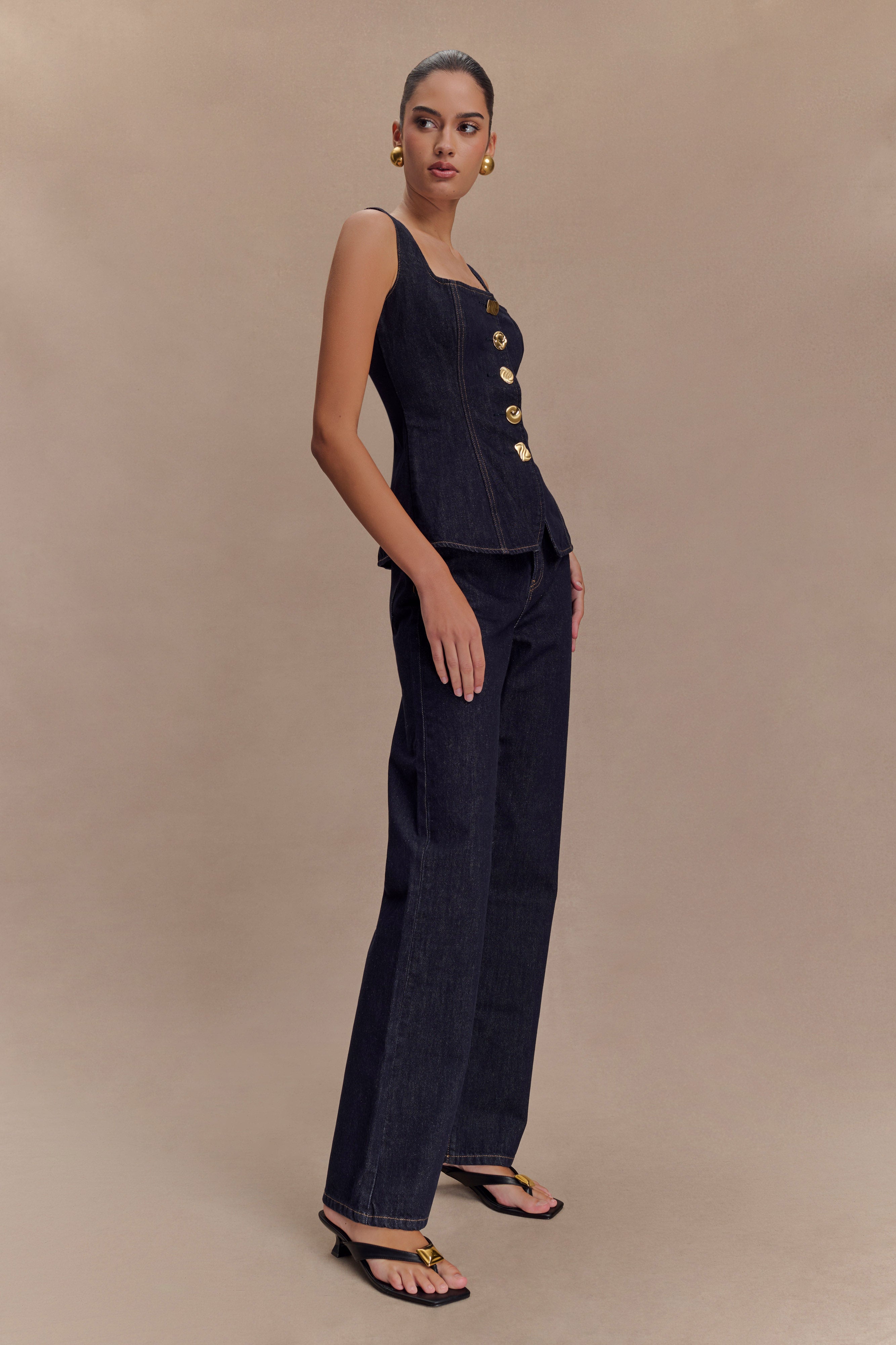 structured denim corset top met rechte jeans