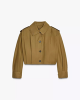 cropped trench jacket in camel kleur, voorkant met knopen en kraag