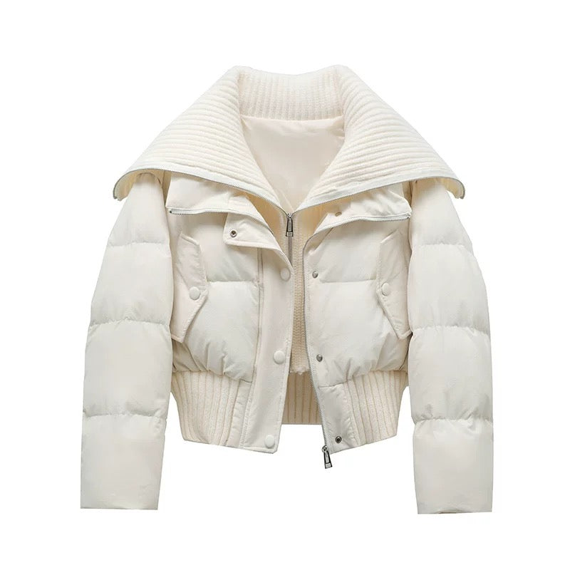 crème korte puffer jas dames met grote gebreide omslagkraag