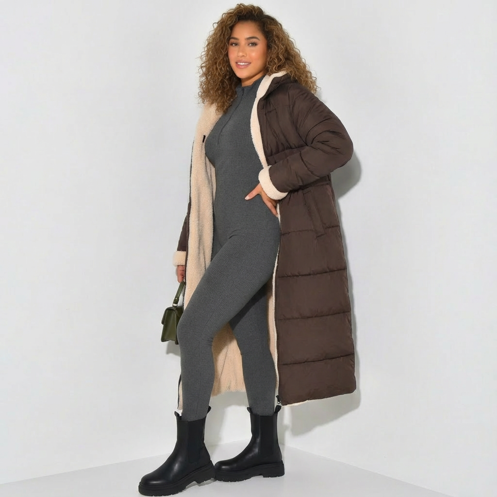 Omkeerbare winterjas dames bruin met teddy binnenkant