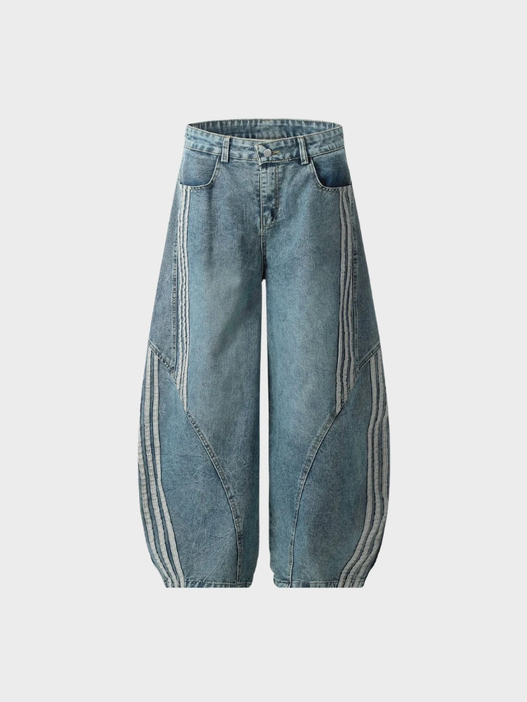 blauwe wide leg jeans met witte zijstrepen en hoge taille dames