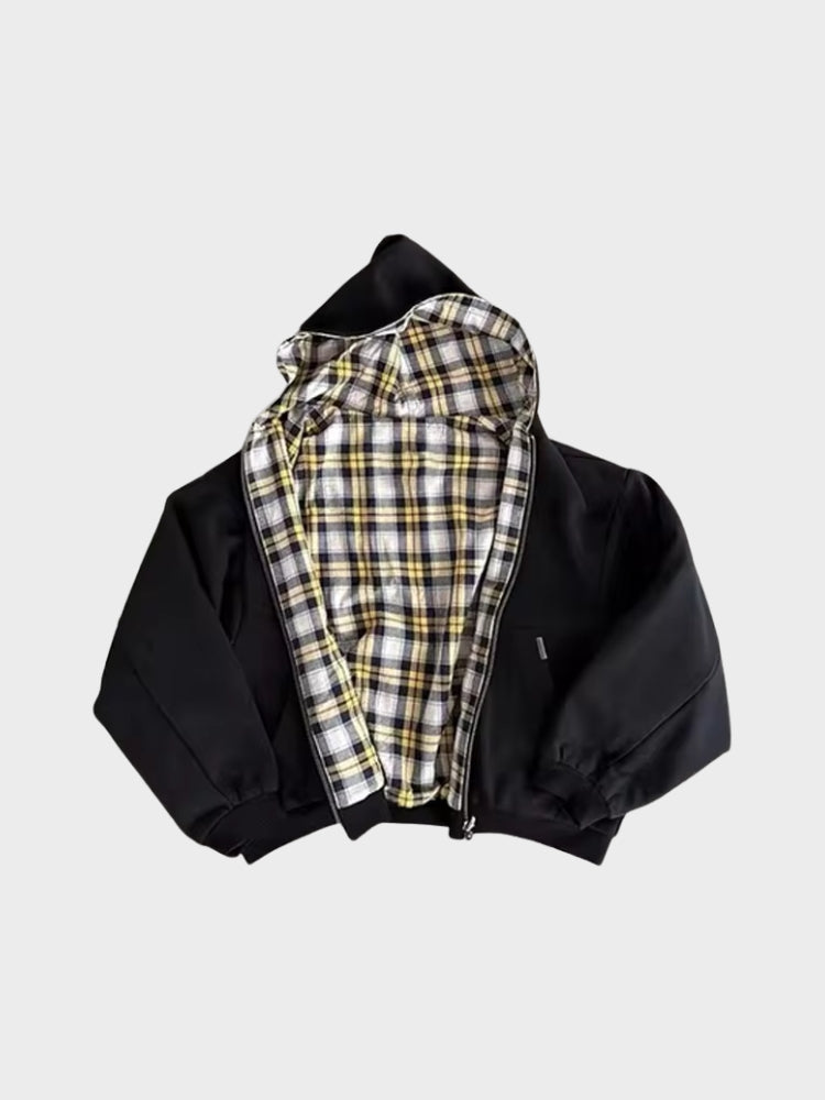 zwarte reversible hoodie met geel plaid detail dames
