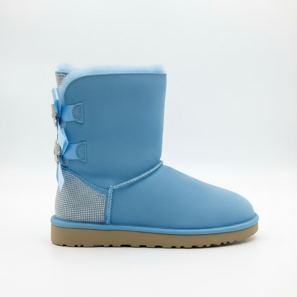 blauwe suède winterlaarzen met glitter hiel en satijnen strikken