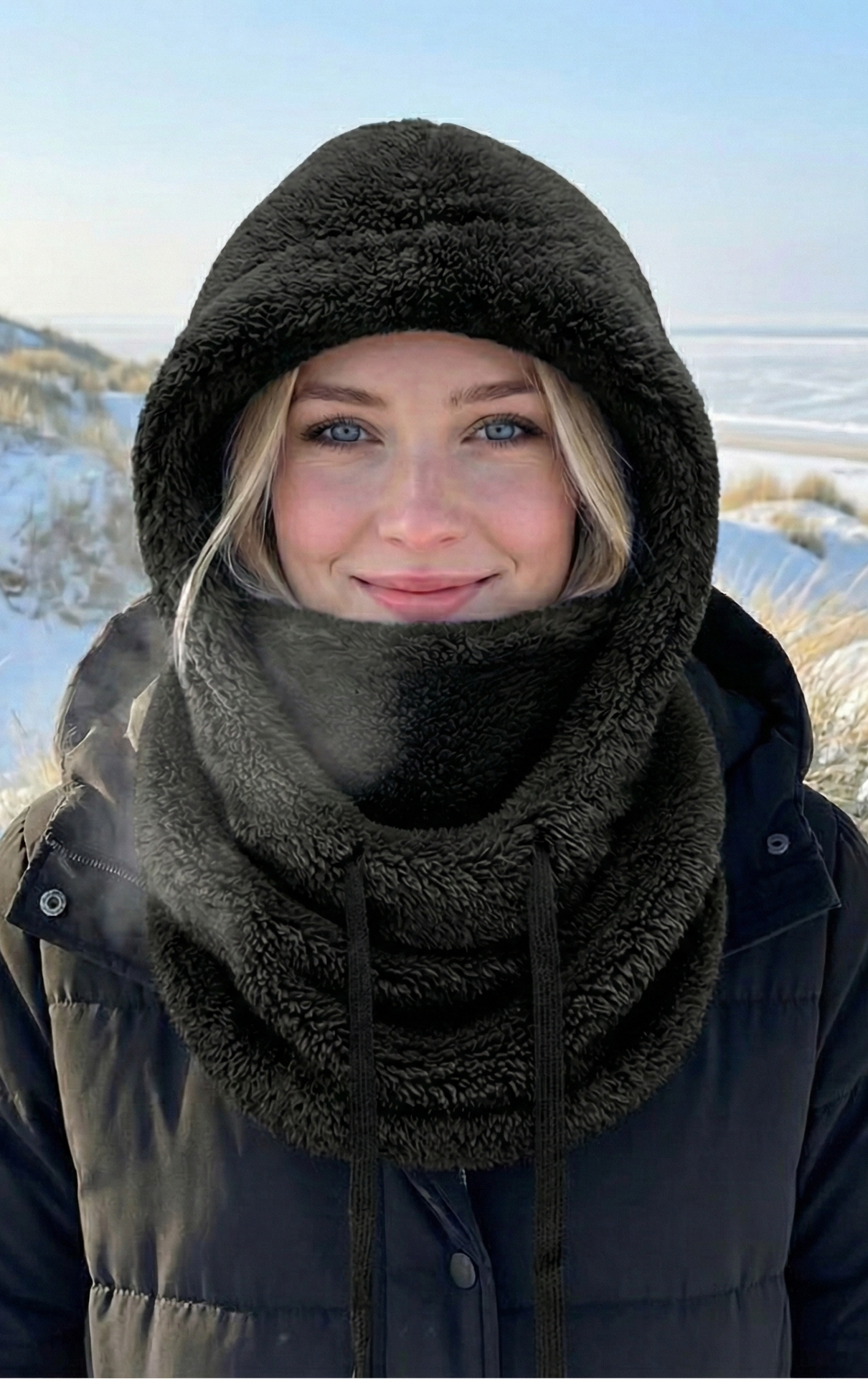 Zwarte teddy hood sjaal met capuchon gedragen bij winterjas op besneeuwd strand