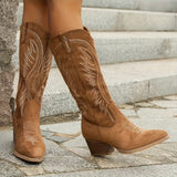 bruine hoge western boots met blokhak en stiksels