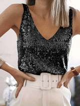 Zwarte glittertop met pailletten en V-hals