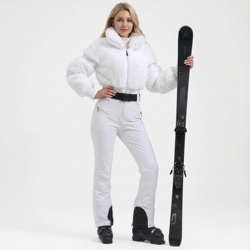 luxe ski jumpsuit dames wit met faux fur details