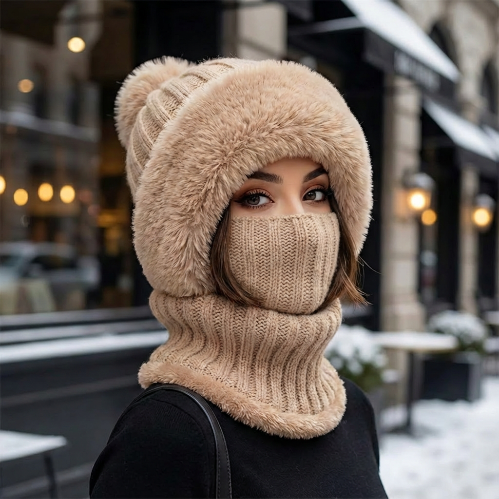 beige wintermuts met faux fur en geïntegreerde col voor dames