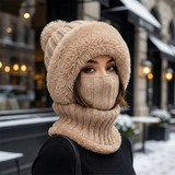 beige wintermuts met faux fur en geïntegreerde col voor dames