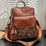 lichtbruine vegan leren rugtas met leopardprint en kwastje