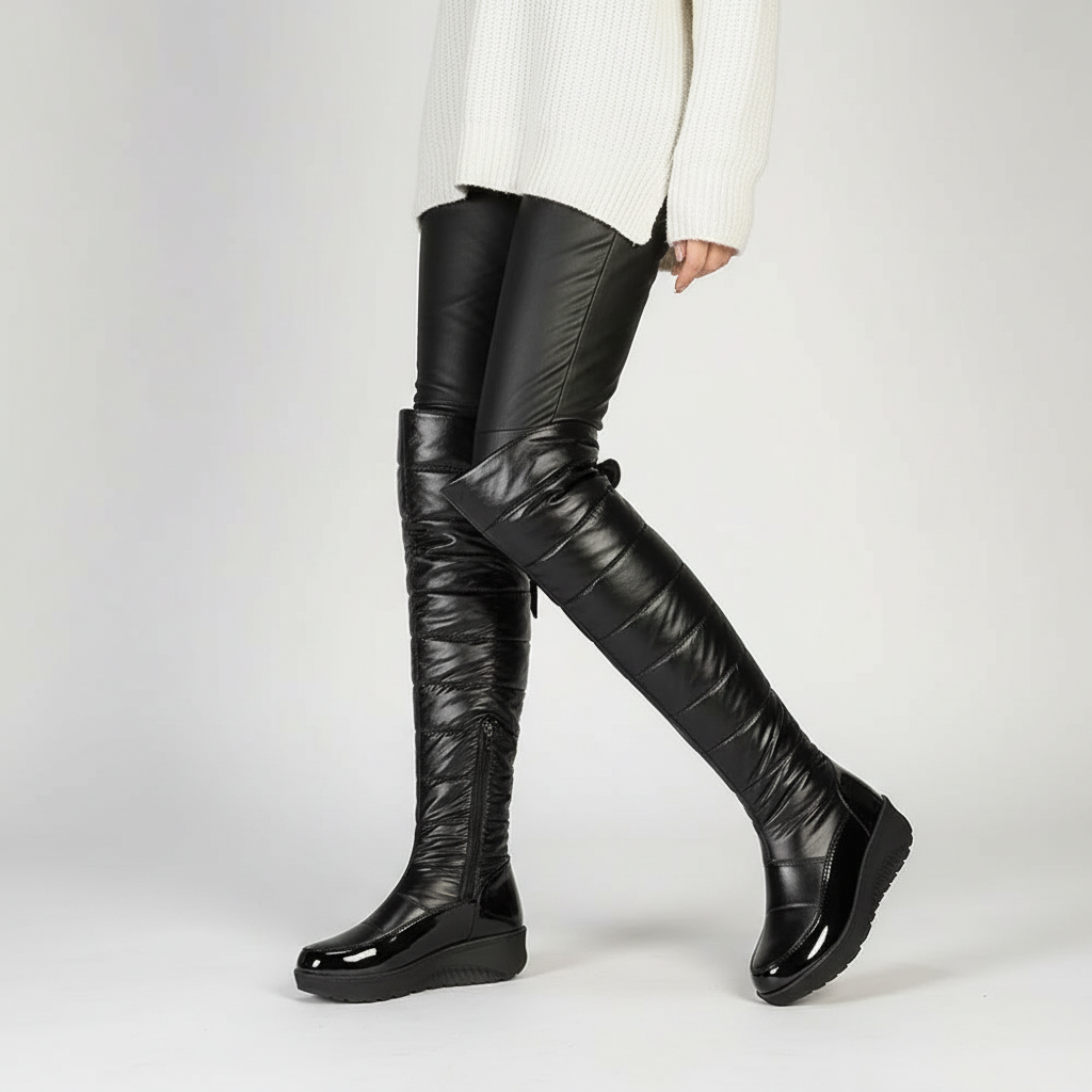 Narella Overknee Winterboots | Zwarte Overknee Laarzen met Strikdetail & Warme Voering
