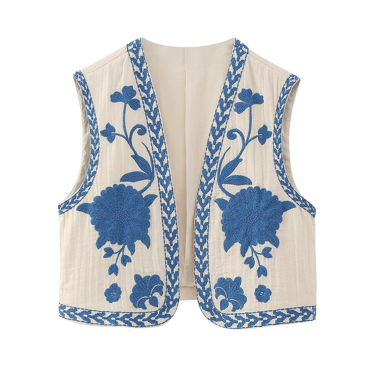 Elegante witte gilet met verfijnde blauwe bloemenborduursels en decoratieve blauwe randpatronen, perfect voor een stijlvolle en verfijnde look.