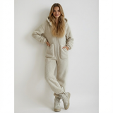 beige teddy onesie voor dames met capuchon en rits