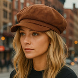 vrouw met bruine corduroy newsboy cap in de stad
