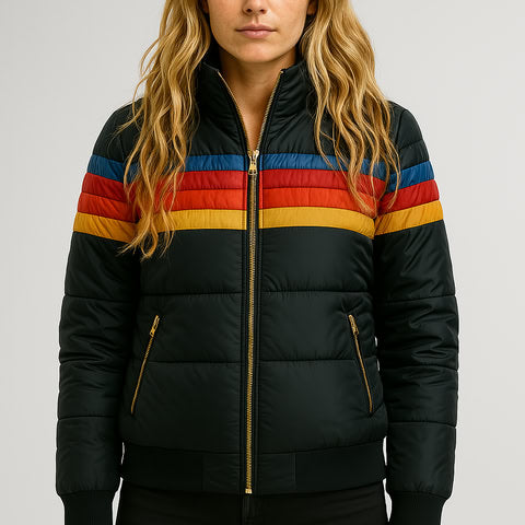 Arvanna | Retro Puffer Jacket met Regenboogstrepen & Warme Voering