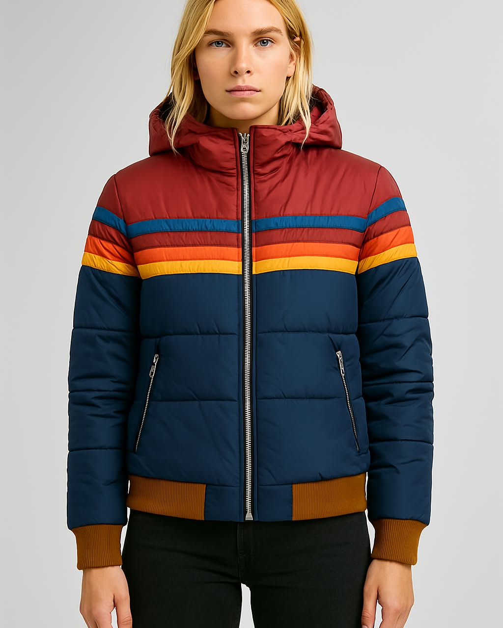 Arvanna | Retro Puffer Jacket met Regenboogstrepen & Warme Voering