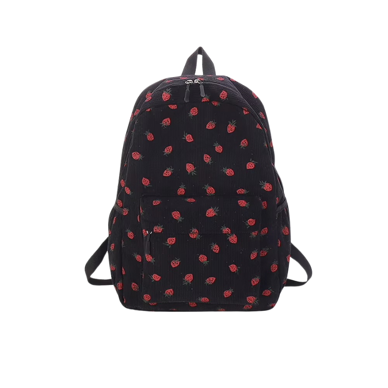 Urban Cord Strawberry Pack, ruime zwarte corduroy rugzak met aardbeienprint, perfect voor school en reizen.