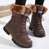 bruine winterboots met warme bontrand en gele gripzool