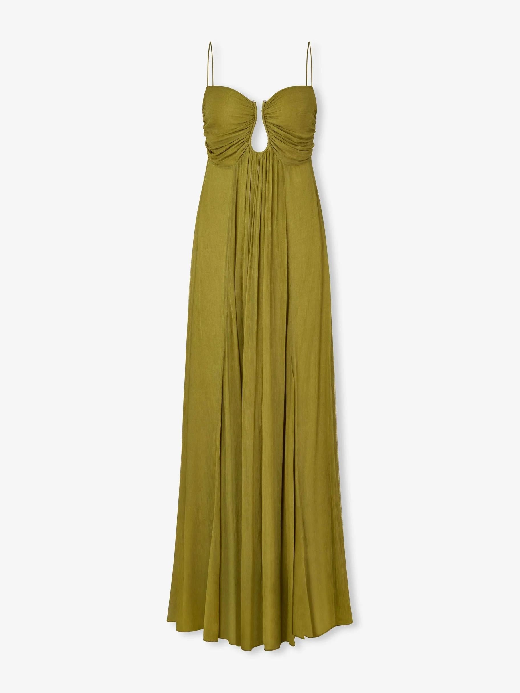 Eliane | Maxi Jurk met Cut-Out & Spaghettibandjes in Olijfgroen
