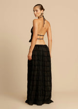 Twee-delige zwarte zomerset met geplooide maxi rok en haltertop, open rug